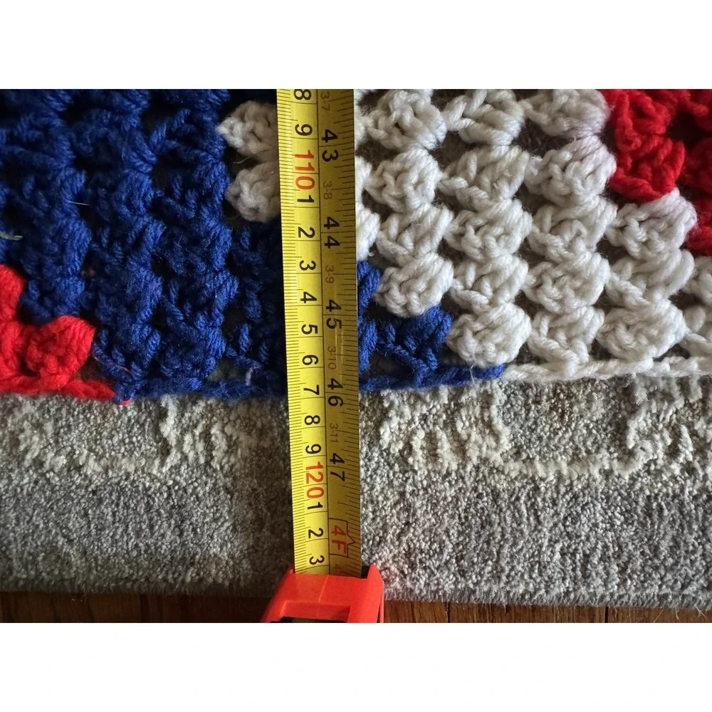 Granny Square Red White Blue Patriotic Hand Crochet Fringe Afghan Blanket 76 46
